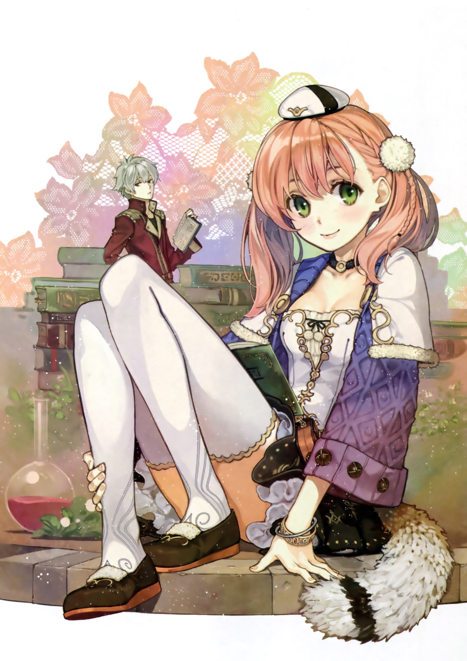 1boy 1girl atelier_(series) atelier_escha_&amp;_logy book bracelet braid breasts choker cleavage escha_malier fake_tail flask french_braid green_eyes hat hidari_(left_side) highres holding holding_book jewelry legs_folded logix_ficsario long_sleeves looking_at_viewer official_art pink_hair sitting skirt smile thigh-highs twintails white_hair white_legwear