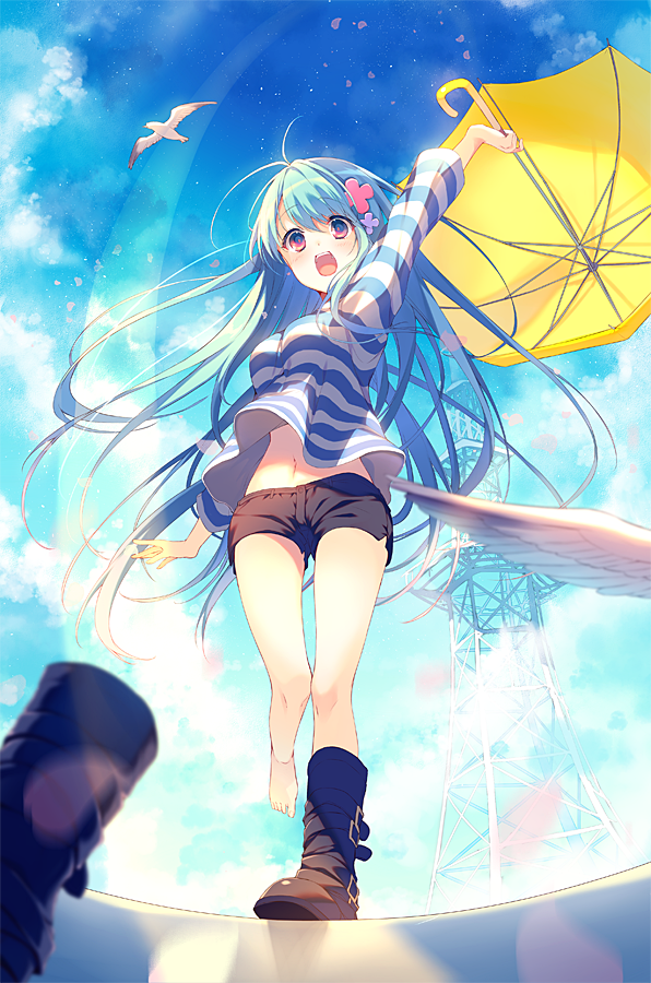 1girl :d akihabara_denpatou antenna_hair arm_up bangs barefoot blue_hair boot_removed boots flower hair_flower hair_ornament long_hair looking_at_viewer open_mouth reia shirt short_shorts shorts single_shoe smile solo standing standing_on_one_leg striped striped_shirt very_long_hair violet_eyes