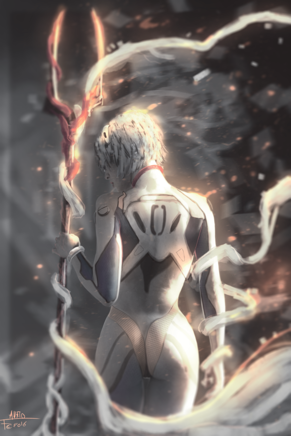 1girl 2016 anatofinnstark arm_at_side ass ayanami_rei bandage blurry bodysuit bracelet cowboy_shot depth_of_field from_behind holding holding_spear holding_weapon jewelry lance_of_longinus light neon_genesis_evangelion plugsuit polearm realistic short_hair signature silver_hair skin_tight solo spear standing thigh_gap weapon white_bodysuit