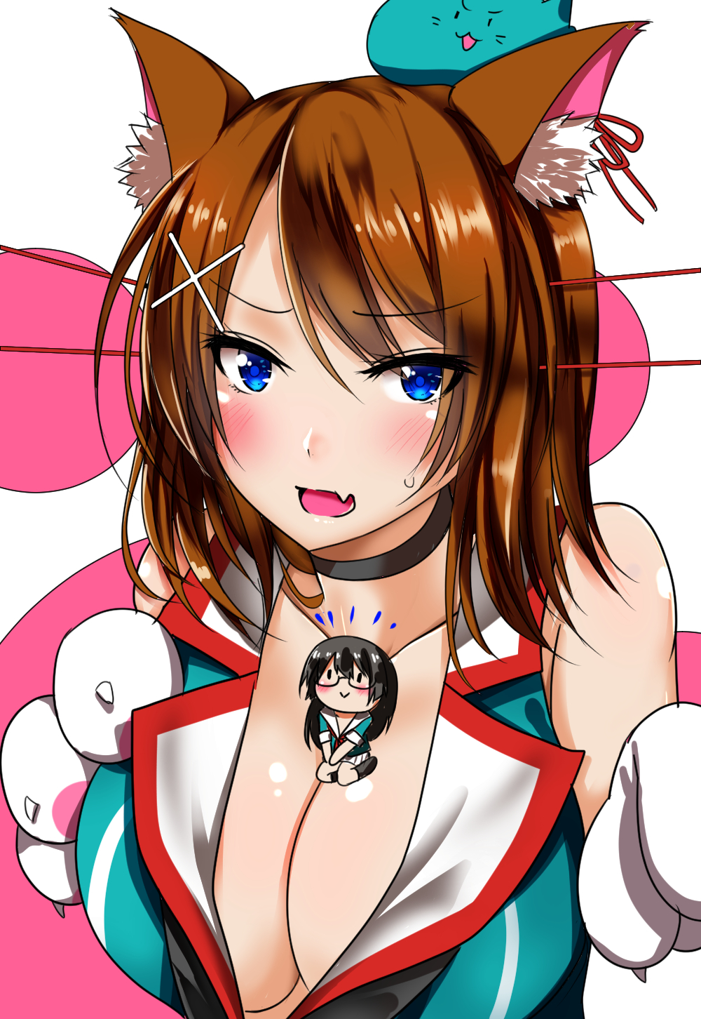 2girls animal_ears ar_(lover_boy) bare_shoulders blue_eyes blush breasts brown_hair cat_ears choker choukai_(kantai_collection) cleavage collarbone embarrassed fang gloves hair_ornament hairclip hat headgear highres kantai_collection kemonomimi_mode large_breasts looking_at_viewer maya_(kantai_collection) minigirl multiple_girls open_mouth paw_gloves remodel_(kantai_collection) school_uniform serafuku short_hair sleeveless upper_body white_gloves x_hair_ornament