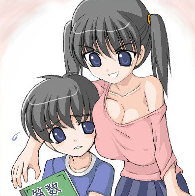 1boy 1girl arm_around_shoulder bare_shoulders black_hair blue_eyes book breast_press breasts cleavage grin height_difference large_breasts leaning lowres miyata_gakuman oppai_loli shirt short_hair short_twintails skirt smile straight_shota sweatdrop t-shirt twintails