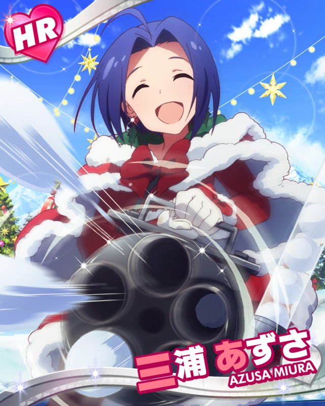 ahoge blue_hair bow card_(medium) character_name christmas_tree closed_eyes fur_trim gloves gun idolmaster idolmaster_million_live! miura_azusa murder official_art open_mouth ornament red_bow short_hair snow snowball snowball_fight tree weapon white_gloves winter winter_clothes