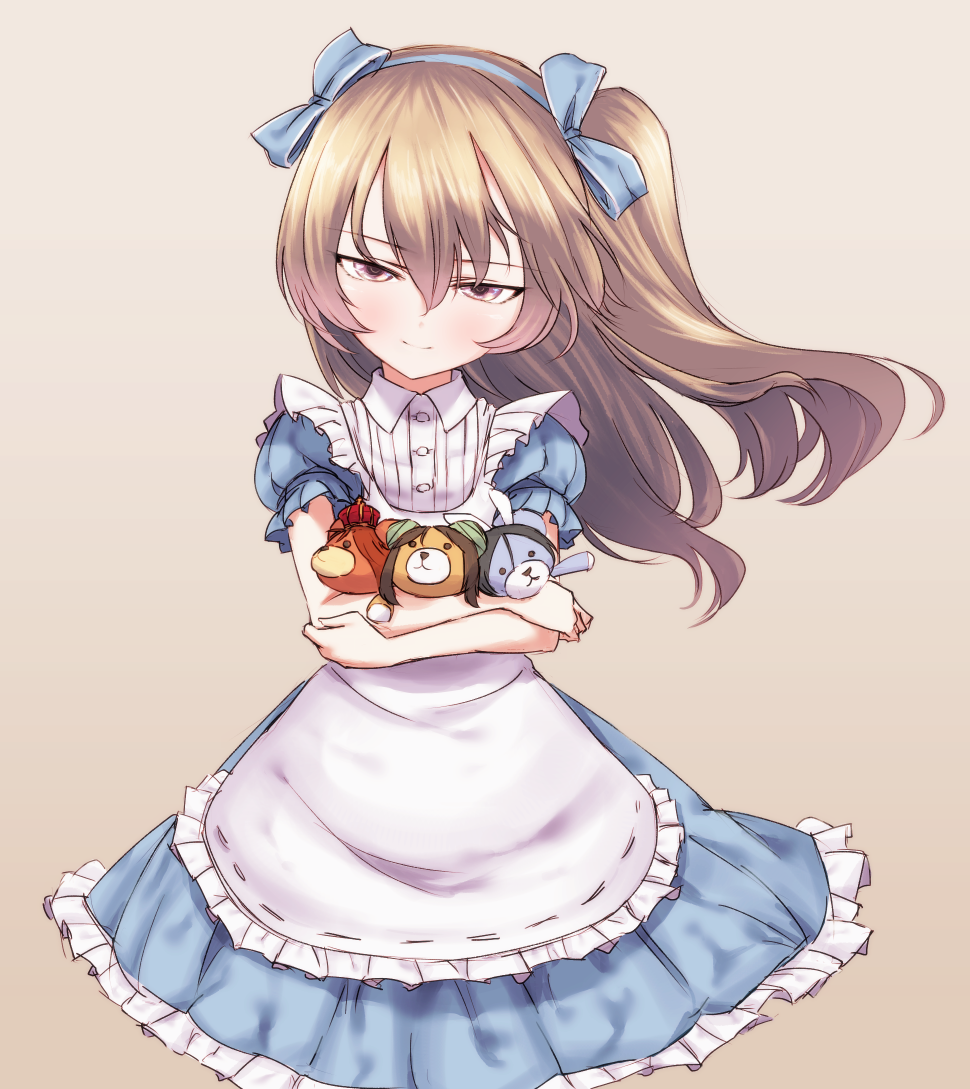 1girl alice_(wonderland) alice_(wonderland)_(cosplay) alice_in_wonderland bangs blue_dress blue_ribbon boko_(girls_und_panzer) brown_background brown_eyes caterpillar_(wonderland) caterpillar_(wonderland)_(cosplay) closed_mouth commentary cosplay dress girls_und_panzer hair_ribbon hairband half-closed_eyes holding light_brown_hair light_smile long_hair looking_at_viewer m2b puffy_short_sleeves puffy_sleeves queen_of_hearts queen_of_hearts_(cosplay) ribbon shimada_arisu short_sleeves side_ponytail simple_background solo standing stuffed_animal stuffed_toy teddy_bear white_apron white_rabbit white_rabbit_(cosplay)