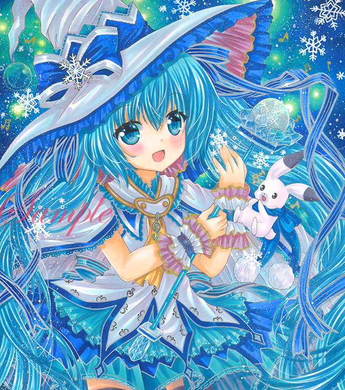 1girl :d ascot beamed_sixteenth_notes black_legwear blue_background blue_eyes blue_hair blue_ribbon blue_skirt blue_theme breasts cape cowboy_shot eighth_note eyebrows_visible_through_hair frilled_hat frills hair_between_eyes hair_ornament hat hat_ribbon hatsune_miku holding holding_wand large_hat looking_at_viewer marker_(medium) musical_note open_mouth print_shirt quarter_note rabbit_yukine ribbon rui_(sugar3) sample shirt skirt small_breasts smile snowflake_background solo thigh-highs traditional_media treble_clef vocaloid wand white_cape white_headwear white_shirt witch_hat wrist_cuffs yellow_ascot yuki_miku yuki_miku_(2014) zettai_ryouiki