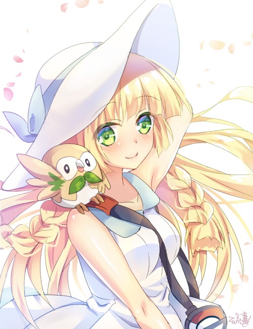 1girl animal animal_on_shoulder bag bare_arms bird bird_on_shoulder blonde_hair blue_ribbon blush braid closed_mouth collared_dress dress duffel_bag eyebrows_visible_through_hair green_eyes handbag hat hat_ribbon lillie_(pokemon) long_hair nagare_yoshimi owl petals poke_ball_theme pokemon pokemon_(creature) pokemon_(game) pokemon_sm ribbon rowlet sleeveless sleeveless_dress smile solo strap_cleavage sun_hat sundress twin_braids upper_body white_dress white_hat