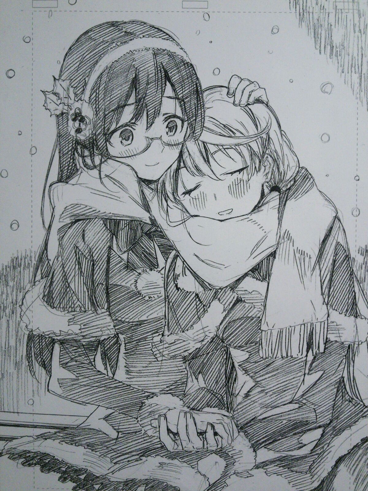 2girls akashi_(kantai_collection) alternate_costume blush earmuffs graphite_(medium) hair_ornament hand_holding hand_on_another's_head highres kantai_collection kojima_takeshi monochrome multiple_girls ooyodo_(kantai_collection) scarf sitting sleeping sleeping_on_person smile snow snowing traditional_media