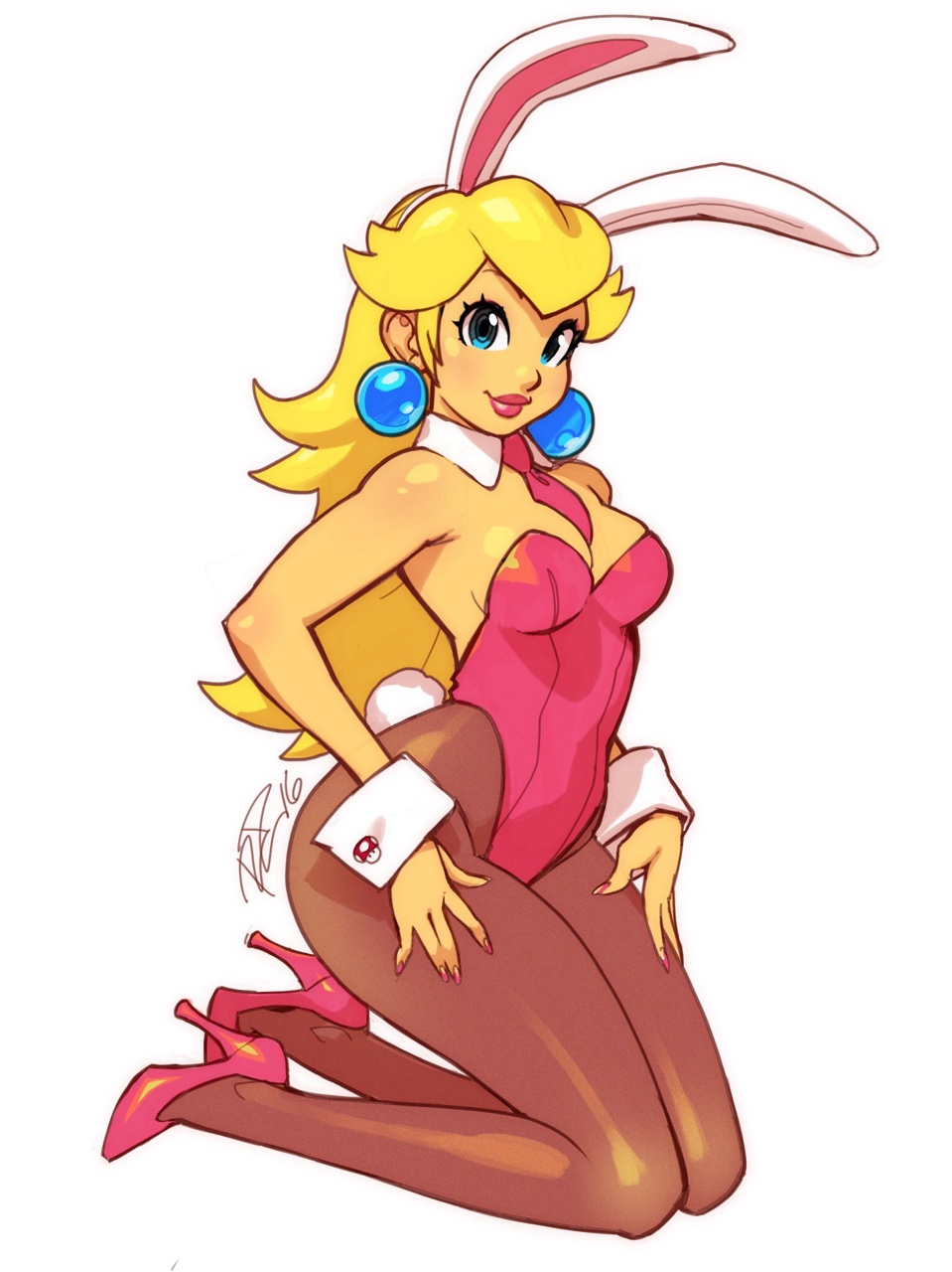 1girl animal_ears blonde_hair blue_eyes breasts bunny_tail bunnysuit cleavage detached_collar highres kneeling looking_at_viewer super_mario_bros. nail_polish necktie pantyhose princess_peach rabbit_ears robert_porter smile solo super_mario_bros. tail wrist_cuffs
