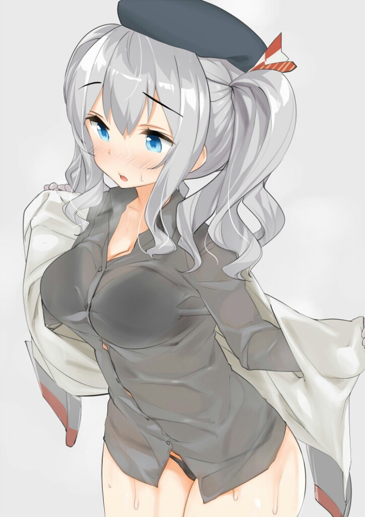 1girl beret black_hat black_panties blue_eyes blush bow breasts buttons cleavage collarbone collared_shirt cowboy_shot dress eyebrows eyebrows_visible_through_hair gloves grey_background grey_shirt hat hat_bow jacket kaisen_chuui kantai_collection kashima_(kantai_collection) long_sleeves looking_afar medium_breasts no_pants open_clothes open_jacket panties shirt short_hair short_twintails silver_hair simple_background solo sweatdrop twintails underwear undressing wavy_hair white_gloves white_jacket wing_collar