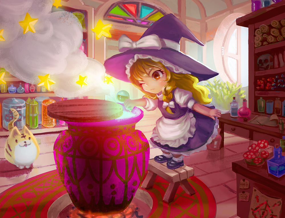 1girl alternate_eye_color apron blonde_hair bobby_socks bookshelf braid brick_floor cat cauldron chibi day expressionless faux_traditional_media fire flask fly_agaric hair_ribbon hat hat_ribbon indoors kirisame_marisa long_hair looking_down mary_janes mushroom one_eye_closed open_window puffy_short_sleeves puffy_sleeves red_eyes ribbon scroll shoes short_sleeves single_braid skirt skirt_set skull smoke socks solo stained_glass standing star stool suzuki_tuyu touhou tress_ribbon waist_apron window witch_hat