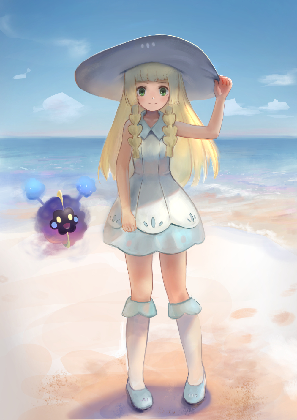 1girl bangs bare_arms beach blonde_hair blue_shoes blue_sky blunt_bangs braid closed_mouth collarbone collared_dress cosmog day dress full_body green_eyes hand_on_headwear hat highres kakitani_jirou kneehighs legendary_pokemon lillie_(pokemon) long_hair ocean pokemon pokemon_(creature) pokemon_(game) pokemon_sm shoes sky sleeveless sleeveless_dress smile standing sun_hat sundress twin_braids water white_dress white_hat white_legwear