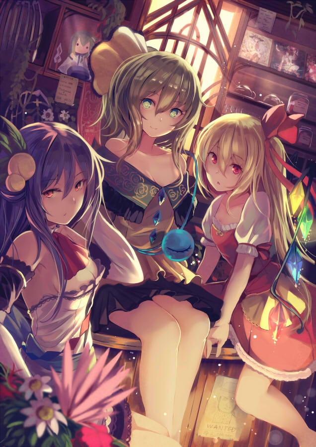 3girls bangs bare_shoulders birdcage black_skirt blonde_hair blue_hair breasts brown_eyes cage collarbone commentary detached_collar detached_sleeves dress dutch_angle expressionless eyebrows_visible_through_hair flandre_scarlet flower food_themed_hair_ornament green_eyes green_hair hair_between_eyes hair_ornament hair_ribbon hair_tucking hand_in_hair hinanawi_tenshi kochiya_sanae komeiji_koishi legs_together looking_at_viewer medium_breasts multiple_girls nakaichi_(ridil) parted_lips peach_hair_ornament photo_(object) pleated_skirt puffy_short_sleeves puffy_sleeves red_dress red_eyes red_flower ribbon short_hair_with_long_locks short_sleeves side_ponytail sitting skirt smile standing sunlight touhou white_flower window