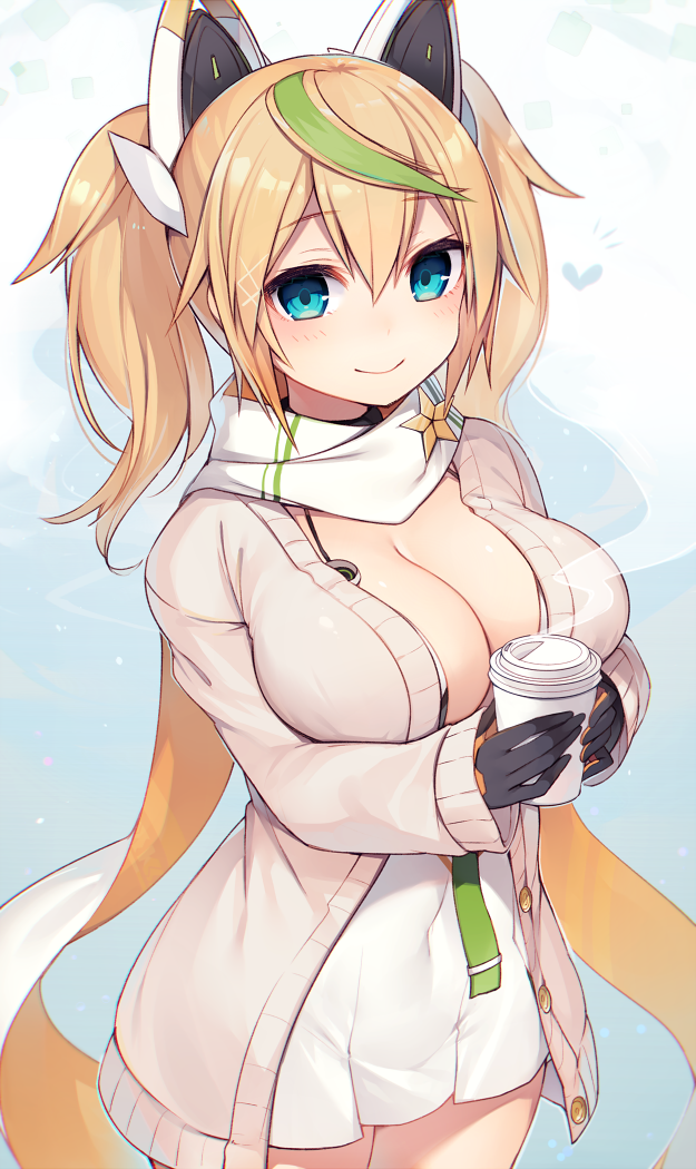 /\/\/\ 1girl bangs black_gloves blonde_hair blush breasts cardigan cleavage closed_mouth coffee_cup covered_navel cowboy_shot dress eyebrows_visible_through_hair gene_(pso2) gloves green_hair hair_between_eyes hair_ornament headgear heart holding large_breasts long_hair long_sleeves looking_at_viewer multicolored_hair muryou paper_cup phantasy_star phantasy_star_online_2 scarf shiny shiny_hair short_dress sleeveless sleeveless_dress smile solo spaghetti_strap star steam streaked_hair twintails unbuttoned white_dress white_scarf x_hair_ornament