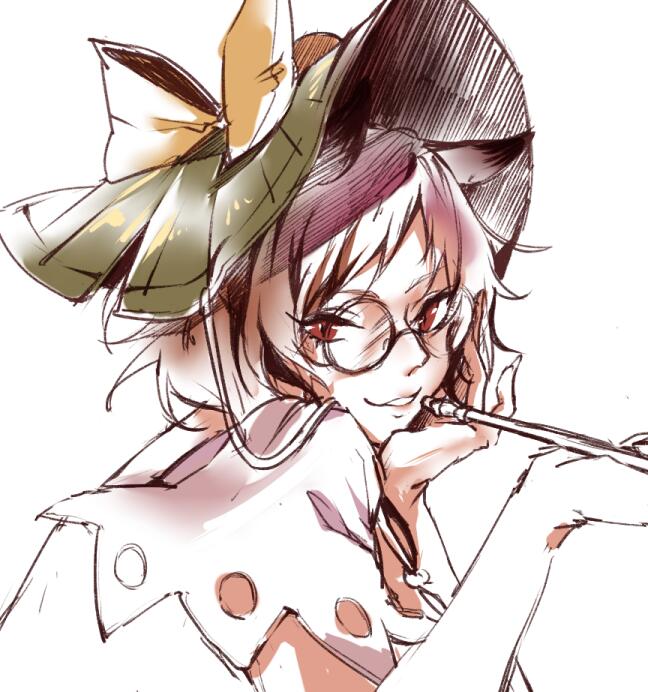 1girl animal_ears black-framed_eyewear bow female futatsuiwa_mamizou glasses green_hat hand_on_own_cheek hand_on_own_chin hat hat_bow hat_ornament holding kagari6496 kiseru looking_at_viewer parted_lips partially_colored pipe raccoon_ears red_eyes round_glasses short_hair simple_background sketch solo teeth touhou upper_body white_background yellow_bow