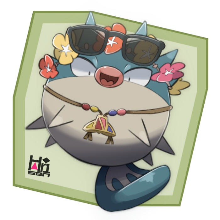 :d blowfish character_name flower head_wreath looking_at_viewer no_humans open_mouth pokemon pokemon_(creature) pokemon_(game) pokemon_sm puffer_fish qwilfish smile sunglasses sunglasses_on_head