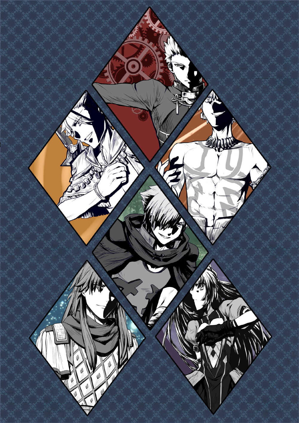 1girl 5boys archer archer_(fate/extra) archer_(fate/prototype) archer_of_black archer_of_red chains fate/apocrypha fate/extra fate/grand_order fate/prototype fate/stay_night fate_(series) gears gilgamesh highres izumi_minato jewelry monochrome multiple_boys necklace tagme tattoo weapon