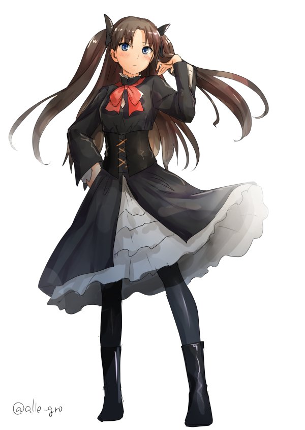 1girl adjusting_hair alle_gro alternate_costume black_boots black_dress black_hair black_ribbon blue_eyes blush boots corset dress fate/stay_night fate_(series) frilled_dress frills full_body hair_ribbon hand_on_hip long_hair long_sleeves looking_at_viewer pantyhose red_ribbon ribbon simple_background solo tohsaka_rin twitter_username two_side_up virgin_killer_outfit white_background