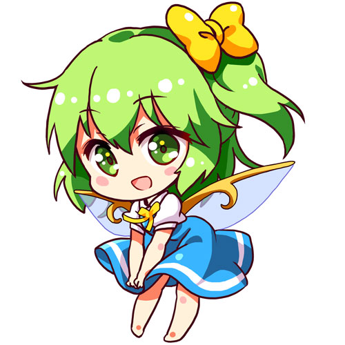 1girl :d ascot barefoot blue_dress blush_stickers bow chibi daiyousei dress fairy_wings full_body green_eyes green_hair hair_bow looking_at_viewer lowres open_mouth puffy_short_sleeves puffy_sleeves renren_(ah_renren) short_sleeves side_ponytail smile solo touhou white_background wings yellow_bow