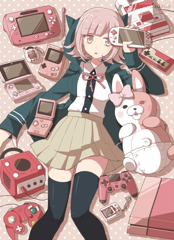 1girl animal animal_ears bandai black_legwear color_connection controller dadadanoda dangan_ronpa diaper famicom flipped_hair game_boy game_boy_advance_sp game_console gamecube geek girl handheld_game_console hood hoodie human lying moe monomi_(dangan_ronpa) nanami_chiaki navel nes nintendo nintendo_3ds nintendo_entertainment_system open_mouth otaku pink pink_eyes pink_hair playstation playstation_4 playstation_4_controller playstation_portable playstation_vita rabbit school_uniform short_hair simple_background skirt solo sony spike_shunsoft super_dangan_ronpa_2 tagme tamagotchi tamagotchi_(toy) text thigh-highs tokyo_mx toy twitter_username wii_u x