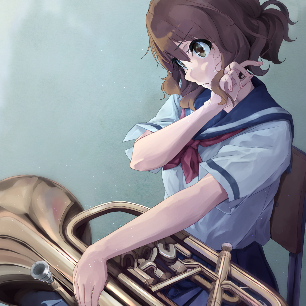 &gt;:| 1girl blue_skirt brown_eyes brown_hair chair dendenmushi euphonium hibike!_euphonium instrument neckerchief oumae_kumiko red_neckerchief school_uniform serafuku short_hair sitting skirt sweat sweating wavy_hair wiping_sweat