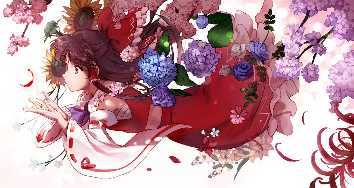 1girl ascot bangs bow branch brown_eyes brown_hair cherry_blossoms cupping_hands detached_sleeves expressionless eyebrows_visible_through_hair flower frilled_skirt frills from_side full_body hair_bow hair_tubes hakurei_reimu japanese_clothes karaori leaf long_hair long_sleeves looking_to_the_side miko profile red_bow red_skirt ribbon-trimmed_sleeves ribbon_trim sarashi sidelocks skirt solo sunflower touhou wide_sleeves