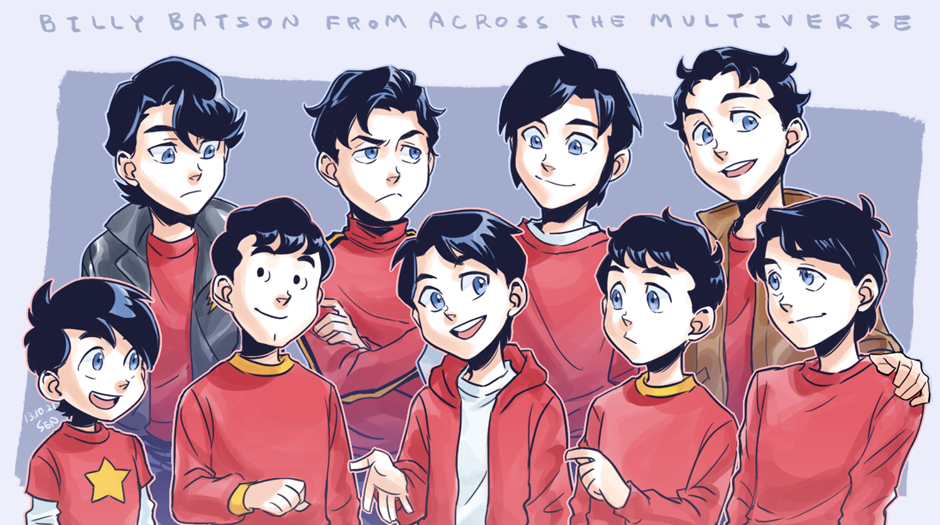 6+boys artist_name billy_batson black_hair blue_eyes commentary crossed_arms dated dc_comics frown hand_on_shoulder jacket multiple_boys multiple_persona open_hand open_mouth sen_(sen69) smile star sweater turtleneck
