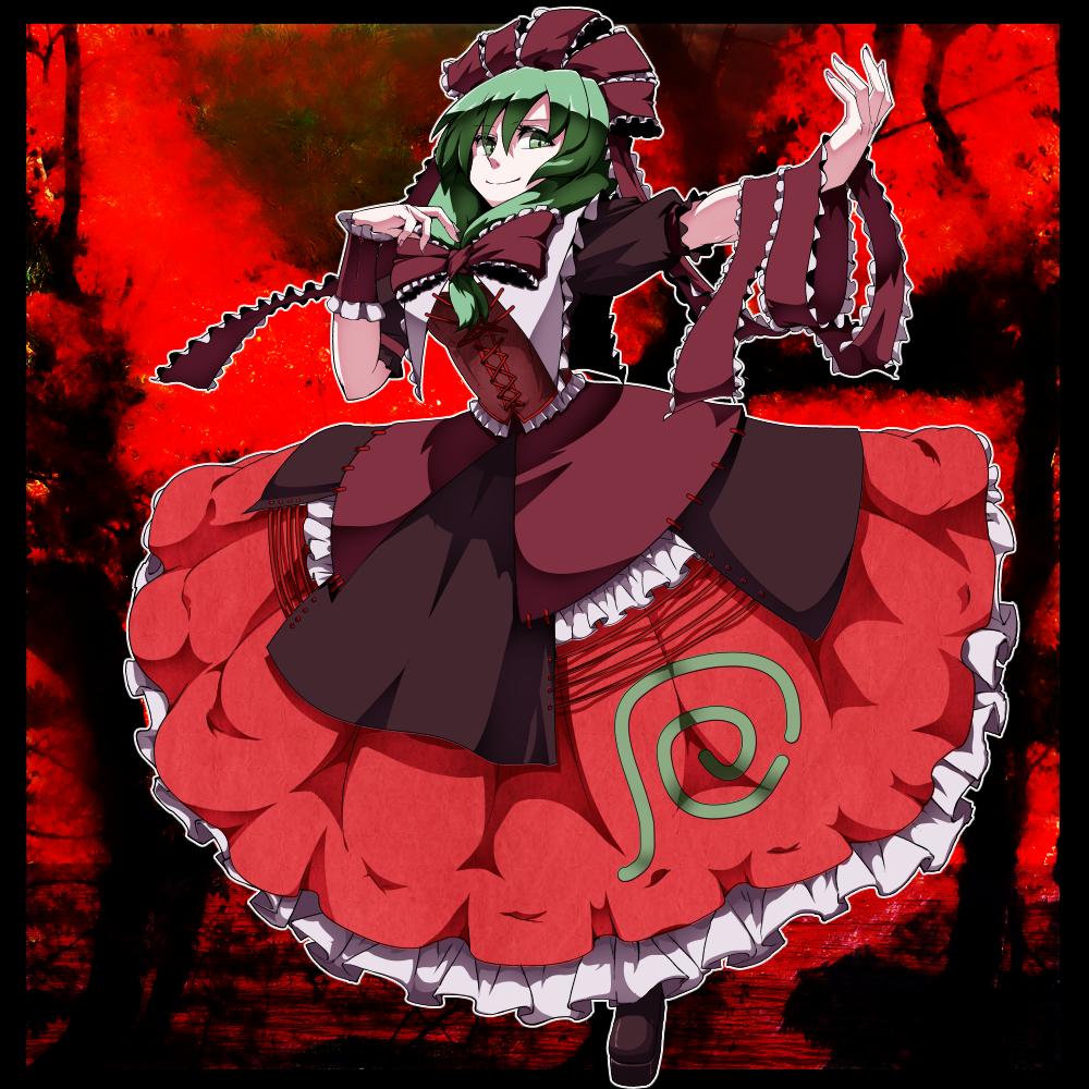 1girl arm_ribbon black_border blouse border bow brown_shoes collar cross-laced_clothes frilled_bow frilled_collar frilled_ribbon frilled_skirt frills front_ponytail full_body green_eyes green_hair hair_between_eyes hair_bow hair_ribbon kagiyama_hina kikoka_(mizuumi) long_skirt looking_at_viewer red_background red_blouse red_ribbon red_skirt ribbon shoes short_sleeves single_wrist_cuff skirt smile solo touhou
