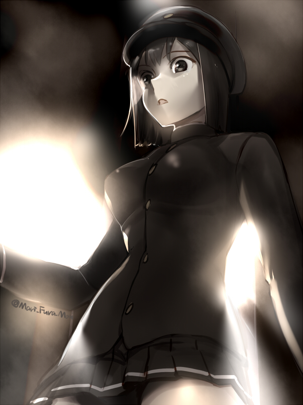 1girl akitsu_maru_(kantai_collection) backlighting black_eyes black_hair breasts from_below hat kantai_collection large_breasts military military_hat military_uniform miniskirt open_mouth pale_skin peaked_cap pleated_skirt primary_stage skirt solo twitter_username uniform