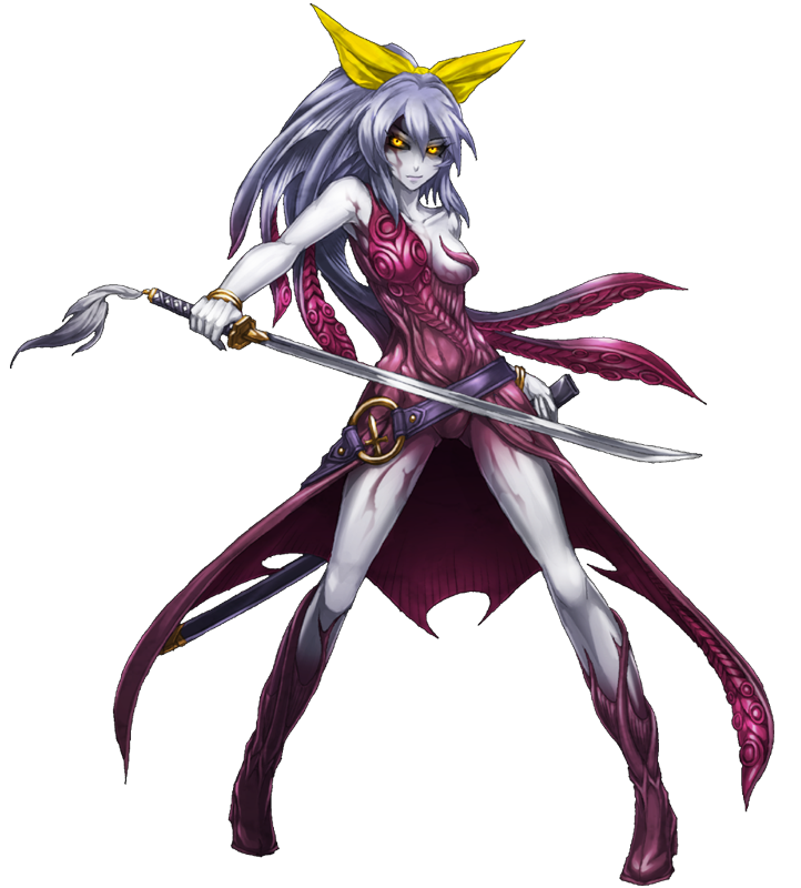 &gt;:) 1girl alternate_costume armpits bare_shoulders breasts closed_mouth dress full_body grey_hair holding holding_sword holding_weapon katana mazeran parody persona red_dress scabbard sheath small_breasts solo standing sword touhou watatsuki_no_yorihime weapon white_background yellow_eyes