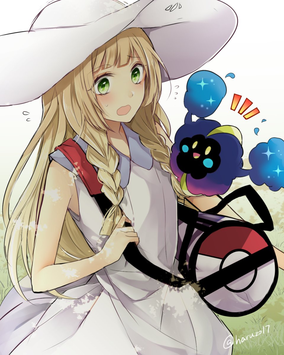 1girl bag bangs bare_arms blonde_hair blunt_bangs braid collared_dress cosmog dress duffel_bag green_eyes handbag haru_(haru2079) hat highres legendary_pokemon lillie_(pokemon) long_hair open_mouth poke_ball_theme pokemon pokemon_(creature) pokemon_(game) pokemon_sm sleeveless sleeveless_dress solo sun_hat sundress twin_braids white_dress white_hat