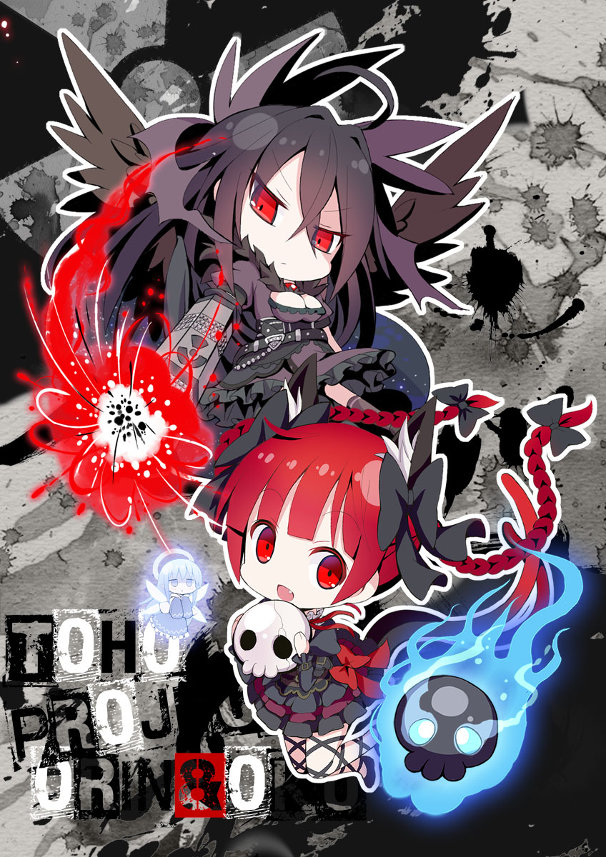 3girls alternate_color animal_ears arm_cannon bangs belt bird_wings black_bow black_dress black_hair black_wings bow braid cape cat_ears cat_tail charging chibi dress extra_ears eyeball fairy_wings fang frilled_dress frills givuchoko hair_bow halo highres holding_skull jitome kaenbyou_rin light_particles long_hair long_sleeves looking_at_viewer multiple_girls multiple_tails nekomata open_mouth puffy_short_sleeves puffy_sleeves purple_dress radiation_symbol red_eyes redhead reiuji_utsuho short_sleeves skull sleeves_past_wrists tail third_eye touhou twin_braids weapon wings zombie_fairy