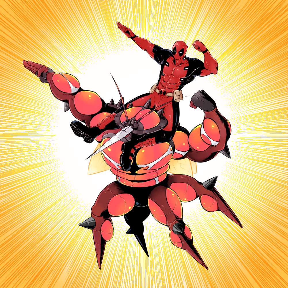 1boy abs antennae bodysuit buzzwole chacapoco clenched_hand crossover deadpool emphasis_lines flexing full_body gloves insect insect_wings male_focus marvel mask mosquito muscle outstretched_arm pokemon pokemon_(creature) pokemon_(game) pokemon_sm pose sitting_on_shoulder spikes ultra_beast wings