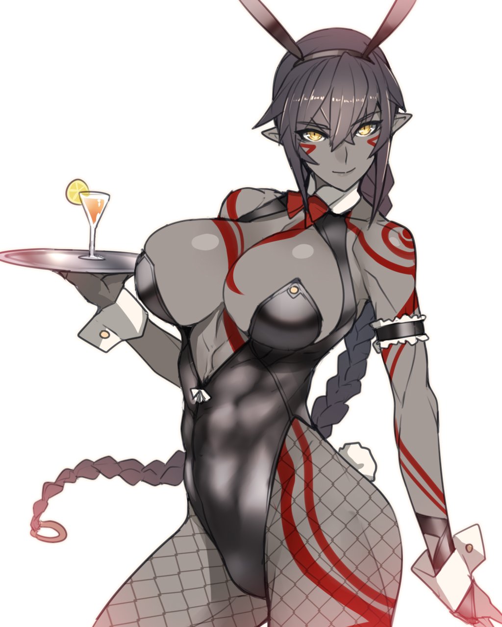 1girl animal_ears ban black_hair black_skin braid bunnysuit cocktail_glass cup drinking_glass fishnet_pantyhose fishnets food fruit full_body_tattoo highres lemon lemon_slice long_hair looking_at_viewer pantyhose pointy_ears rabbit_ears simple_background smile solo tattoo tray very_long_hair white_background wrist_cuffs yellow_eyes