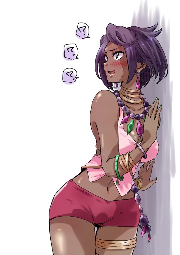 1girl :d ? aqua_nails bare_shoulders blush bracelet breasts cleavage collarbone commentary_request dark_skin diamond_(shape) elite_four gem island_kahuna jewelry leaning_to_the_side lychee_(pokemon) medium_breasts nail_polish navel neck_ring necklace open_mouth pink_lips pink_shirt pink_shorts pokemon pokemon_(game) pokemon_sm purple_hair shirt short_hair shorts smile solo spoken_question_mark standing sweatdrop tank_top thigh_gap thigh_strap trial_captain unya violet_eyes