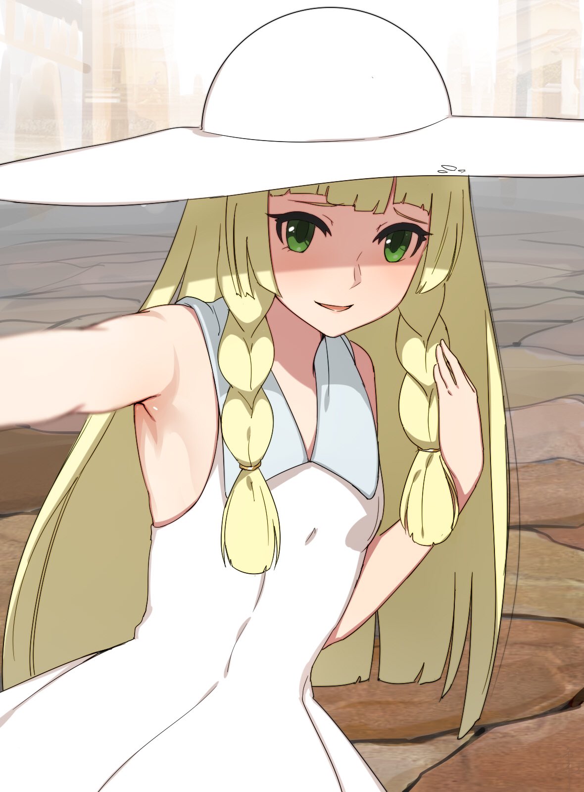 1girl armpits bangs bare_arms blonde_hair blunt_bangs braid breasts collared_dress dress green_eyes hat highres lillie_(pokemon) long_hair looking_at_viewer open_mouth outstretched_arm pokemon pokemon_(game) pokemon_sm self_shot senju_(snz0) sleeveless sleeveless_dress small_breasts smile solo standing sun_hat sundress twin_braids white_dress white_hat