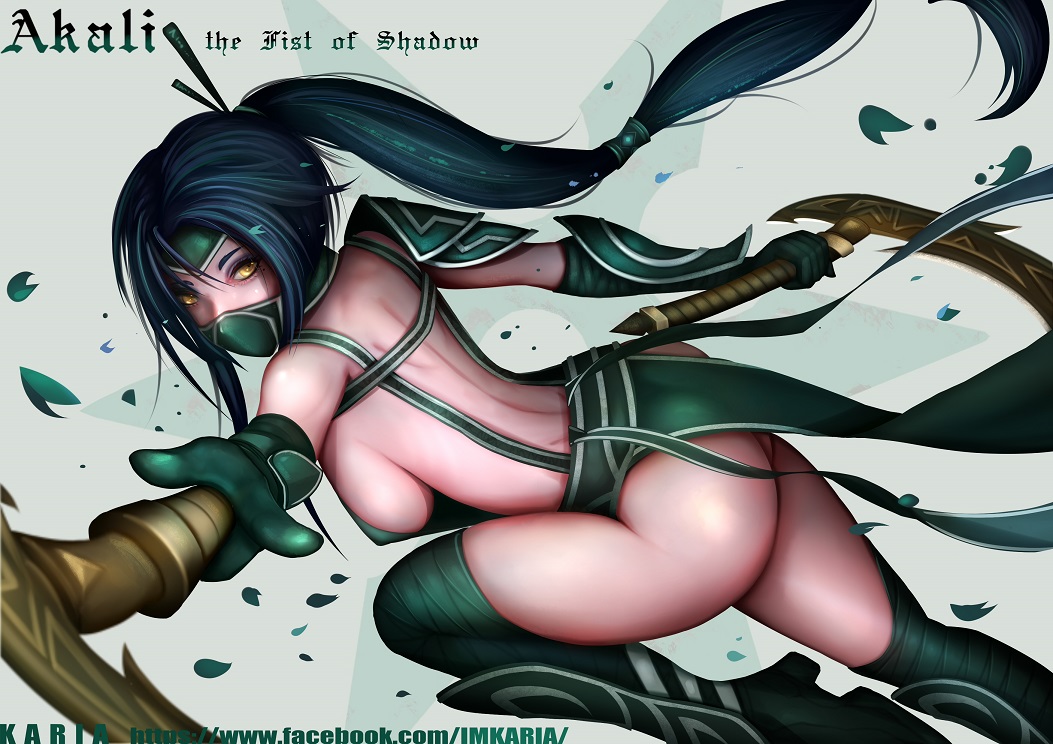 1girl akali arm_wraps ass back bandage bare_shoulders boots breasts character_name china_dress chinese_clothes covered_mouth cowboy_shot dress dual_wielding elbow_gloves erect_nipples face_mask forehead_protector gloves greaves green_dress green_gloves green_hair green_legwear hair_between_eyes hair_ornament hair_stick hair_tie high_heel_boots high_heels holding holding_weapon index_finger_raised kama_(weapon) karia knee_up league_of_legends leg_wraps loincloth long_hair looking_at_viewer mask medium_breasts mole mole_under_eye ninja no_bra no_panties one_leg_raised outstretched_arms pauldrons pelvic_curtain petals pointing pointing_at_viewer polearm ponytail revealing_clothes scythe shoulder_blades sickle sideboob solo thigh-highs very_long_hair watermark weapon web_address yellow_eyes