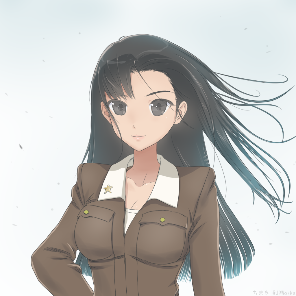 1girl artist_name asymmetrical_bangs bangs black_eyes black_hair breasts brown_jacket chimaki_(u9works) cleavage collarbone emblem eyebrows_visible_through_hair girls_und_panzer hand_on_hip lips long_hair nishi_kinuyo partially_unzipped shirt solo star twitter_username upper_body watermark white_shirt