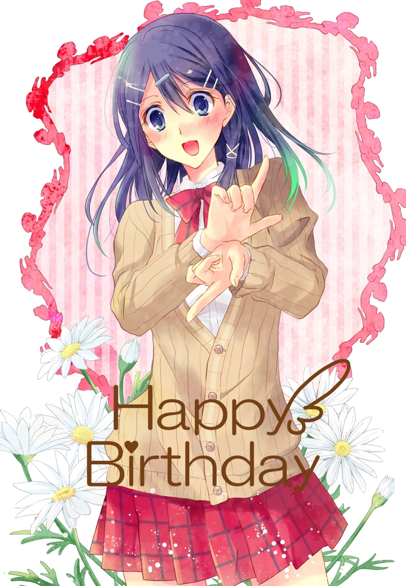 1girl :d blue_eyes blue_hair blush bow buttons cardigan commentary_request contrapposto cowboy_shot fingernails flower gen'ei_ibunroku_sharp_fe hair_ornament hairclip hands_up happy_birthday heart index_finger_raised looking_at_viewer open_mouth oribe_tsubasa pleated_skirt school_uniform shirayuki_shion skirt sleeve_cuffs smile solo striped vertical-striped_background vertical_stripes x_hair_ornament
