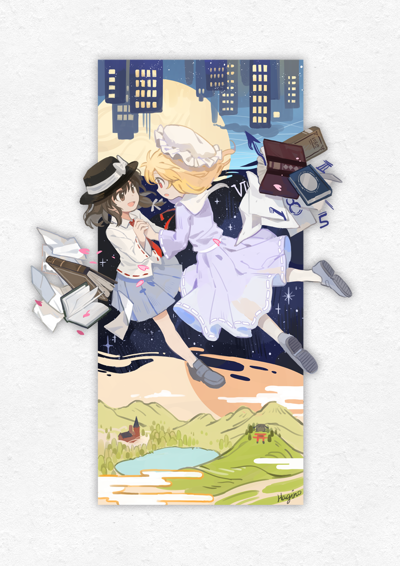 2girls artist_name black_hat blonde_hair book bow brown_eyes brown_hair cityscape clouds egasumi fedora floating frilled_hat frills full_moon grey_shoes hagino_(axgh) hair_ribbon hand_holding hat hat_bow hat_removed hat_ribbon headwear_removed lake lavender_dress lavender_skirt long_sleeves maribel_hearn misty_lake mob_cap moon multiple_girls open_mouth petals red_eyes ribbon ribbon-trimmed_dress ribbon-trimmed_shirt ribbon-trimmed_sleeves ribbon_trim roman_numerals sash scarlet_devil_mansion shirt shoes shrine sky smile space star_(sky) starry_sky torii touhou tress_ribbon upside-down usami_renko white_bow white_hat white_ribbon white_shirt