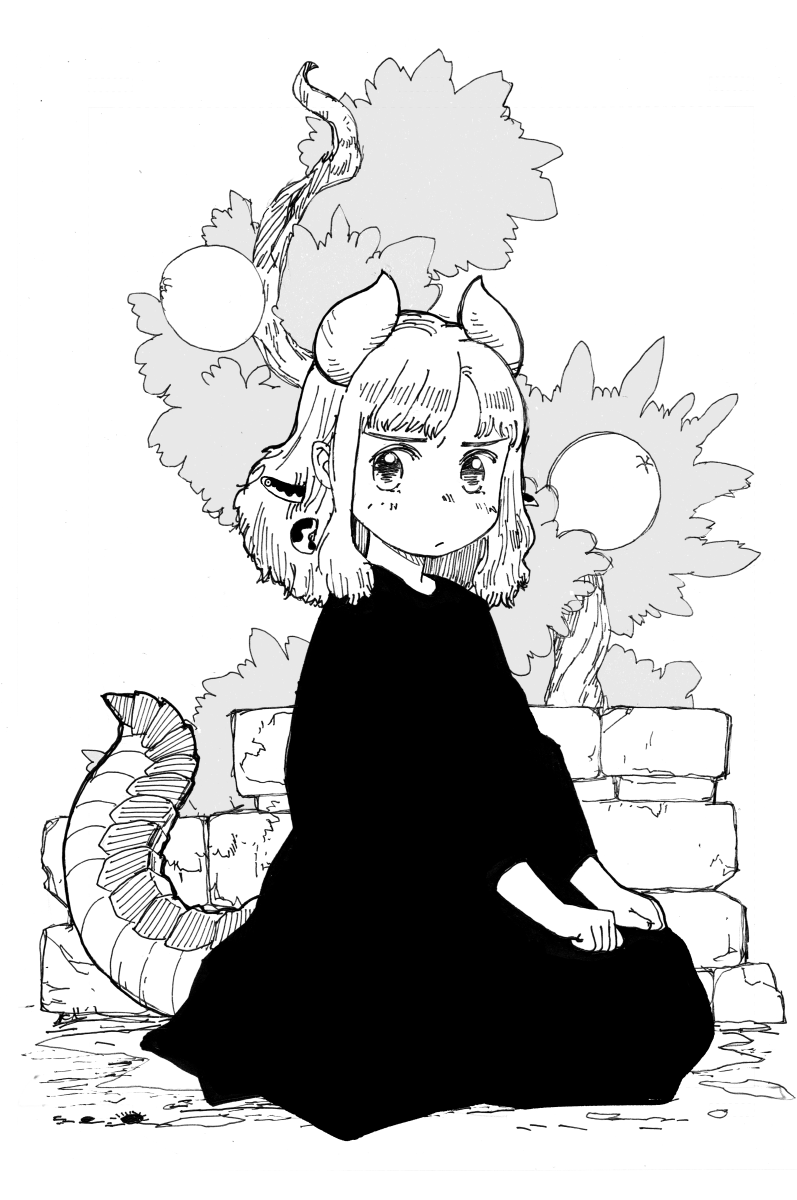 1girl akai_sashimi highres horns looking_at_viewer monochrome original short_hair sitting solo tail