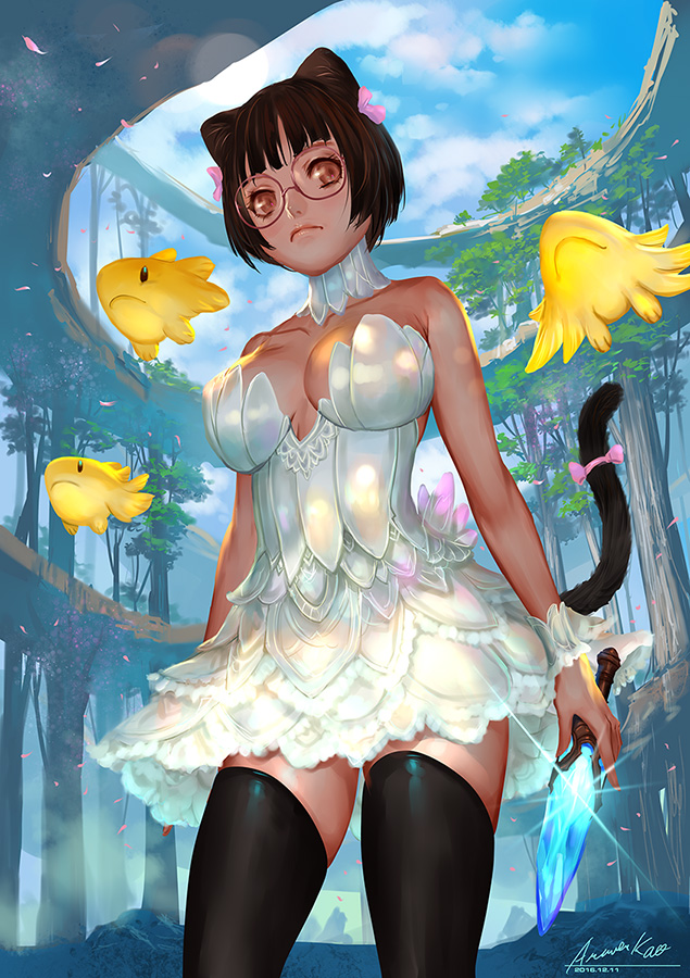 1girl animal_ears ariverkao bare_shoulders bow breasts brown_eyes brown_hair cat_ears cat_tail choker clouds collarbone dagger day fish floating glasses hair_bow large_breasts original short_hair skindentation sky solo tail tail_bow thigh-highs tree weapon