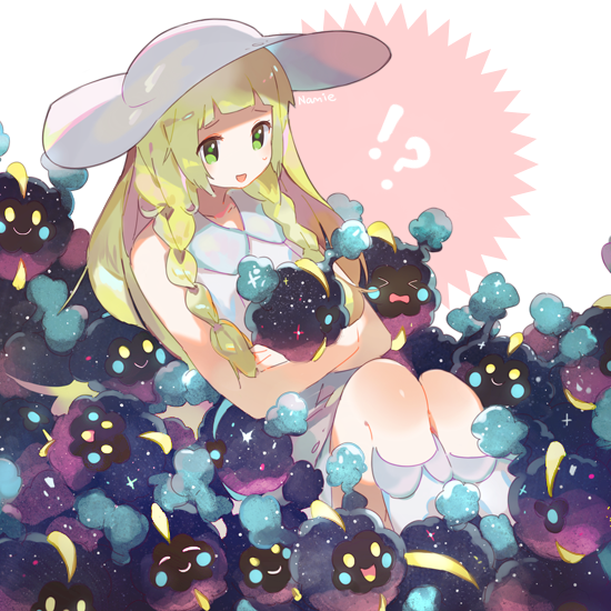 !? 1girl blonde_hair blush braid collared_dress cosmog dress green_eyes hat kneehighs lillie_(pokemon) long_hair namie-kun open_mouth pokemon pokemon_(creature) pokemon_(game) pokemon_sm see-through simple_background sleeveless sleeveless_dress solo sun_hat sundress twin_braids white_background white_dress white_hat white_legwear