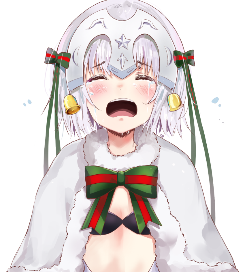 1girl bell black_bikini_top blush bow capelet closed_eyes crying fate/grand_order fate_(series) fur_trim hair_ribbon headpiece jeanne_alter jeanne_alter_(santa_lily)_(fate) midriff nose_blush open_mouth ribbon round_teeth ruler_(fate/apocrypha) short_hair silver_hair solo streaming_tears striped striped_bow tears teeth tr_(kangtw123) upper_body white_background
