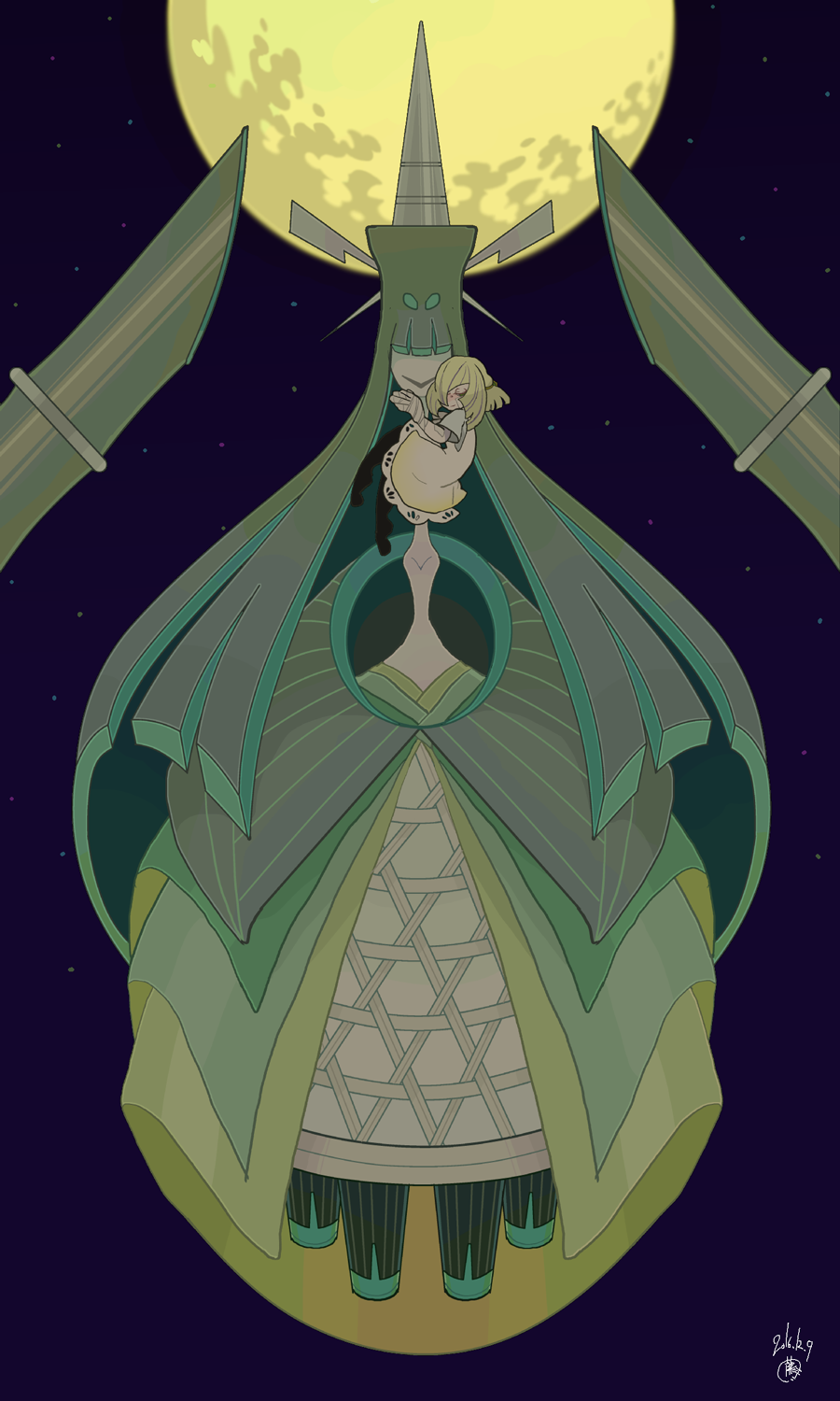 1girl 2016 absurdly_long_hair aqua_hair bamboo bandage bandage_on_face bandaged_arm bangs black_legwear blonde_hair blunt_bangs celesteela child closed_eyes closed_mouth dated dress floating full_moon green_eyes hair_ornament hair_over_one_eye hair_stick half-closed_eyes highres hikimayu horn lace lace-trimmed_dress long_hair lusamine_(pokemon) mikan_mg moon night night_sky outdoors pantyhose pokemon pokemon_(game) pokemon_sm short_hair sky smile star_(sky) starry_sky ultra_beast very_long_hair younger