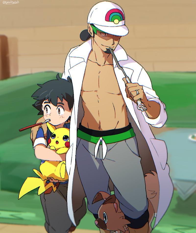 2boys arm_around_shoulder baseball_cap beard black_hair brown_eyes capri_pants carrying couch dark_skin dark_skinned_male facial_hair fork hat knife kukui_(pokemon) labcoat male_focus mouth_hold multiple_boys muscle pants pikachu pokemon pokemon_(creature) pokemon_(game) pokemon_sm pokemon_sm_(anime) rockruff satoshi_(pokemon) shirt short_hair smile striped striped_shirt sunglasses sweatpants t-shirt tanaka_(tanakya123) twitter_username