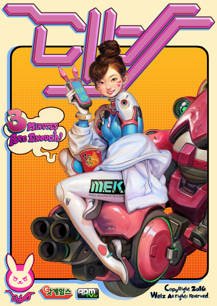 1girl 2016 animal_print artist_name asian black_eyes bodysuit breasts brown_hair bunny_print cellphone character_name commentary copyright d.va_(overwatch) facepaint facial_mark grin hair_bun holding holding_phone jacket lips lipstick looking_at_viewer makeup medium_breasts meka_(overwatch) overwatch parted_lips phone rabbit red_lipstick ribbed_bodysuit rounded_corners smartphone smile solo teeth thisiswelz whisker_markings white_jacket