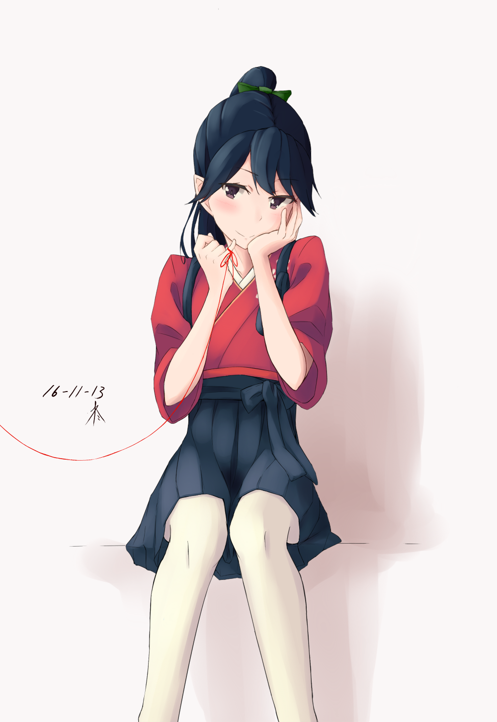 1girl black_eyes blue_hair blush commentary_request dated hand_on_own_cheek highres hiiragii_(hiiragi_0404) houshou_(kantai_collection) japanese_clothes kantai_collection long_hair ponytail red_string sitting smile solo string white_legwear