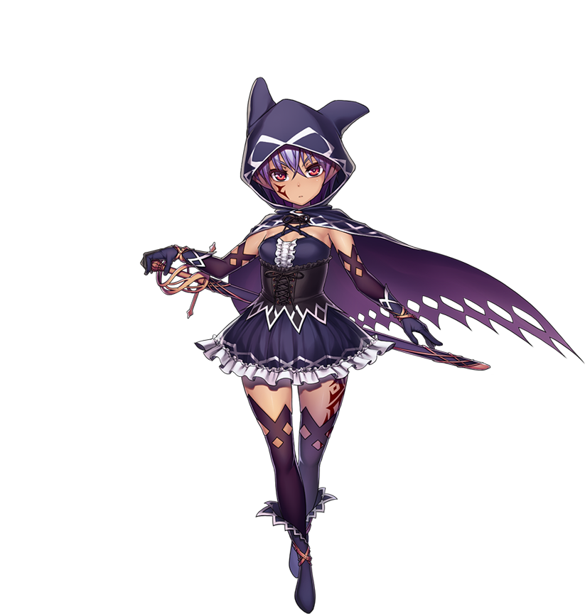 1girl asafimu boots cape dress elbow_gloves expressionless facial_mark full_body gloves gretel_(sennen_sensou_aigis) holding holding_sword holding_weapon hood looking_at_viewer official_art purple_hair sennen_sensou_aigis sheath sheathed skirt solo sword tattoo transparent_background underbust weapon