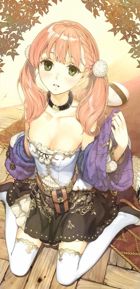 1girl adjusting_clothes atelier_(series) atelier_escha_&amp;_logy braid breasts choker cleavage detached_sleeves dress escha_malier female green_eyes hidari_(left_side) long_hair official_art parted_lips pink_hair sitting solo strapless strapless_dress thigh-highs twintails wariza white_legwear