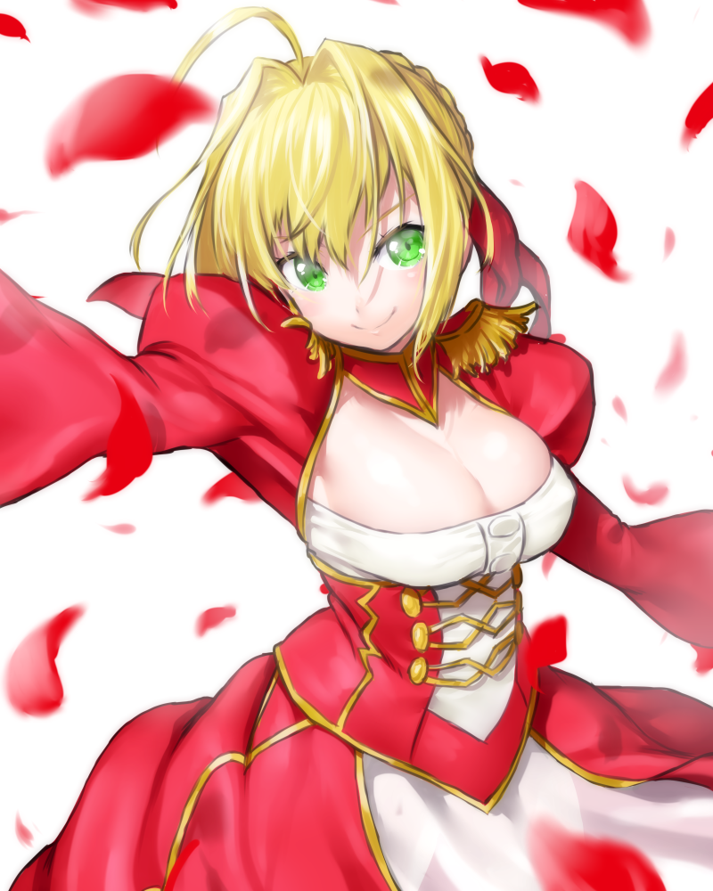 1girl aestus_estus ahoge blonde_hair braid breasts cleavage commentary_request dress epaulettes fate/extra fate/grand_order fate_(series) french_braid green_eyes hair_intakes hair_ribbon juliet_sleeves large_breasts long_sleeves nero_claudius_(fate) nero_claudius_(fate)_(all) onsoku_maru petals puffy_sleeves red_dress red_ribbon ribbon saber_extra see-through solo white_background wide_sleeves