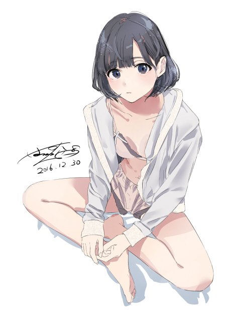 1girl bare_legs barefoot black_eyes black_hair blouse bra breasts collarbone dated from_above full_body head_tilt hood hooded_track_jacket indian_style jacket looking_at_viewer midriff navel open_blouse open_clothes original pink_bra ponkan_8 short_hair signature sitting sketch small_breasts thighs track_jacket underwear
